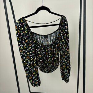 Long Sleeve Black floral Crop top with gathered sleeves and smocking